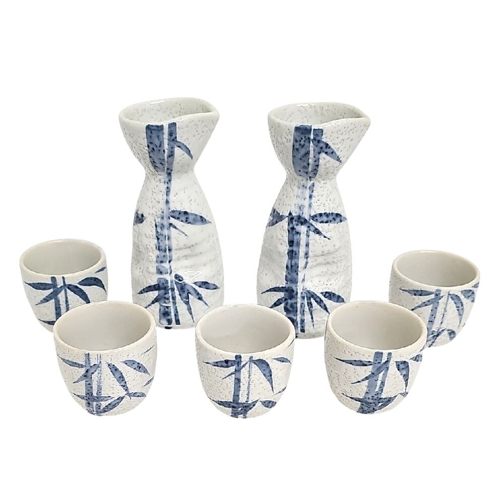 Seven Piece Japan Blue & White Ceramic Bamboo Design Sake Set Handmade HTF Retro